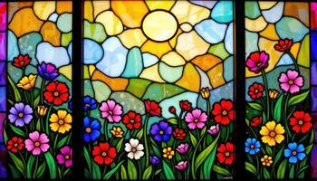 a stained glass window depicting a flower field in vibrant color photo