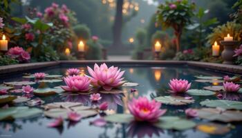 a reflection pool covered with lotus and lit by surrounding candlelight photo