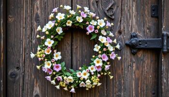 a delicate wreath of wildflowers resting on an ancient wooden door photo