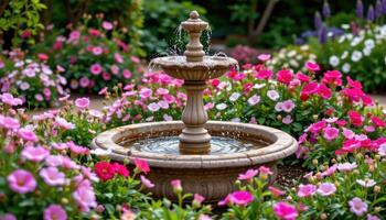 a garden fountain surrounded by flowering plants in shades of pink and white photo