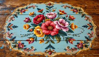 a hand painted floral pattern adorning the surface of a vintage wooden table photo