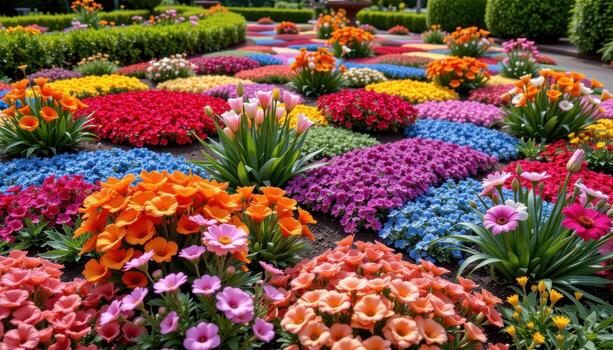 a flower garden designed with colorful geometric shapes and patterns photo