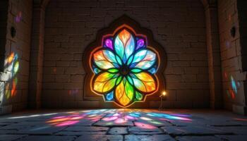 a flower shaped glass window casting colored light onto a stone floor photo