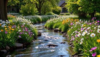 a gentle stream bordered by wildflowers and overhanging trees photo