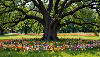 a large oak tree surrounded by a ring of blooming wildflowers in various colors photo
