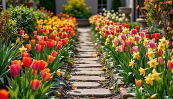a narrow garden path lined with blooming tulips and daffodils in vibrant colors photo