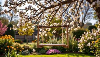 a wooden swing hanging from a flowering tree branch in a sunlit garden photo