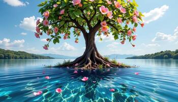 a tree with roots that bloom like flowers, reaching down into a crystal lake photo