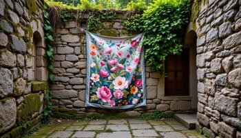 a floral tapestry hung on a mossy stone wall in a forgotten courtyard photo