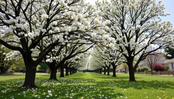 a canopy of flowering dogwood trees creating dappled shade over a meadow photo