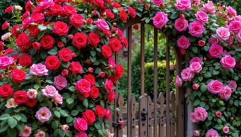 a garden gate entwined with bright red and pink climbing roses photo