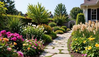 a stone pathway bordered by flowering shrubs and tall ornamental grasses photo