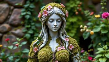 a moss covered statue of a woman with vines and flowers growing over her form photo