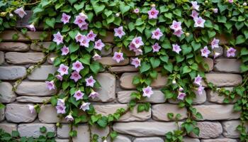 a stone wall covered in flowering clematis and lush green vines photo