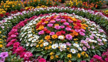 a flower garden arranged in concentric circles of colorful blooms and greenery photo
