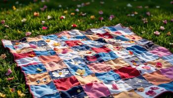 a patchwork quilt spread out on the grass with scattered flower petals photo