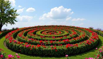 a flower shaped labyrinth in a garden with hedges of bright red roses photo