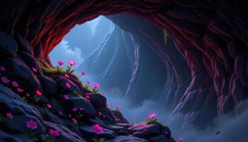 a dark cave opening revealing glowing flowers growing on rocky ledges photo