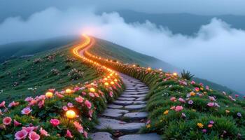 a spiral path lined with glowing flowers leading up a fog covered hill photo