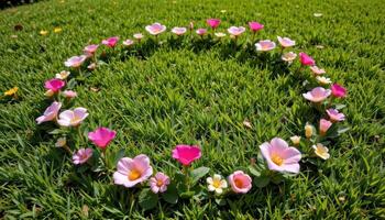 a set of delicate floral sculptures arranged in a perfect circle on the grass photo
