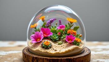 a glass dome terrarium filled with colorful desert flowers and tiny sand dunes photo