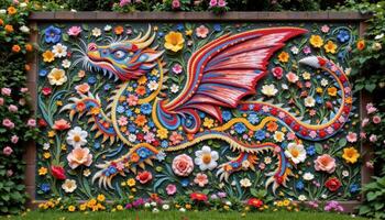 a sprawling floral mosaic depicting a mythical creature on a garden wall photo