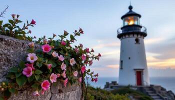 a flowering vine creeping up the side of a weathered lighthouse at dawn photo