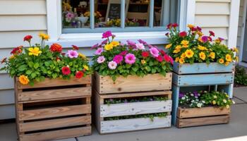 a series of old wooden crates repurposed as planters for a riot of flowers photo