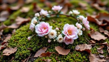 a delicate floral crown resting on a bed of moss and fallen leaves photo