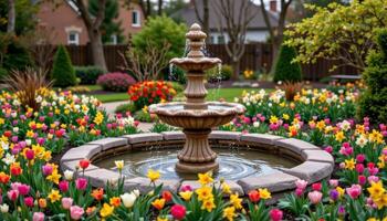 a stone fountain surrounded by beds of colorful tulips and daffodils photo