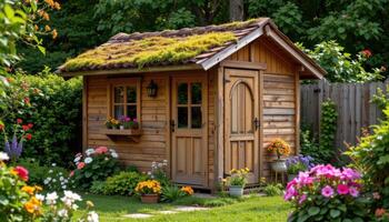 a wooden garden shed with a roof covered in flowering plants and moss photo
