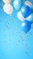 Colorful balloons scattered blue, white, and light blue shades in on a light blue background with confetti. Ideal for celebrations and festive occasions. photo