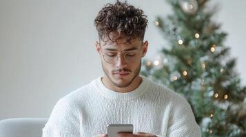 Stylish man wearing white mobile using at phone while sitting near decorated christmas tree sweater home photo