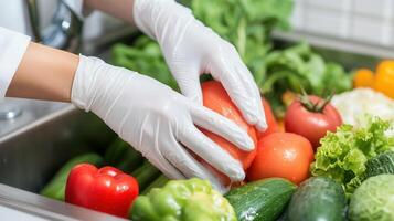 Hands wearing white gloves handling fresh vegetables in a sink. The scene includes tomatoes, cucumbers, lettuce, and bell peppers, emphasizing healthy food preparation photo