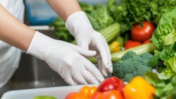 Hands wearing white gloves handling fresh and in a sink. The vegetables includes tomatoes, cucumbers, lettuce, scene bell peppers, emphasizing healthy food preparation. photo