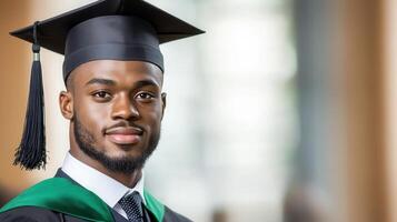 Young African man in graduation cap and gown. He has a black hair and expression. confident short The background is blurred, emphasizing his achievement photo