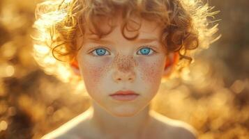 young Caucasian boy with curly blond hair and blue eyes stands in a a field. His face is adorned with freckles, creating sunlit charming and innocent appearance photo