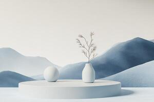 Two vases with plants on a table in front of mountains photo