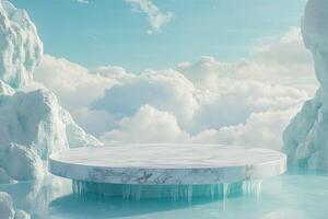 A white marble table in the middle of a frozen lake photo