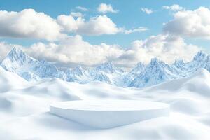 A white platform in the middle of a snowy field photo