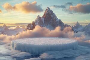Ice floating in the middle of a lake with mountains in the background photo