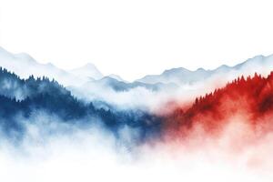 A red and blue mountain range with fog and smoke photo