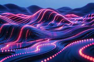 3d rendering of a wave of red and pink lights photo