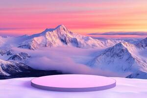 A pink round table on top of a snowy mountain photo