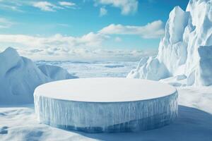 An empty round table in the middle of a snowy mountain photo