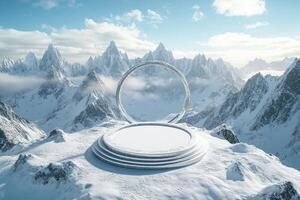 A white circular platform on top of a mountain with snow photo