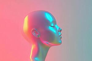 A mannequin head with a pink and blue background photo