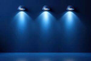 Three blue lights on a wall in front of a blue wall photo