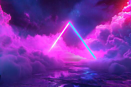 A neon triangle in the clouds with pink and blue lights photo