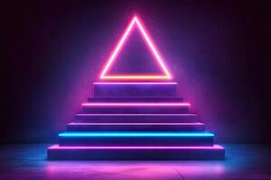 Neon triangle on stairs with neon lights photo